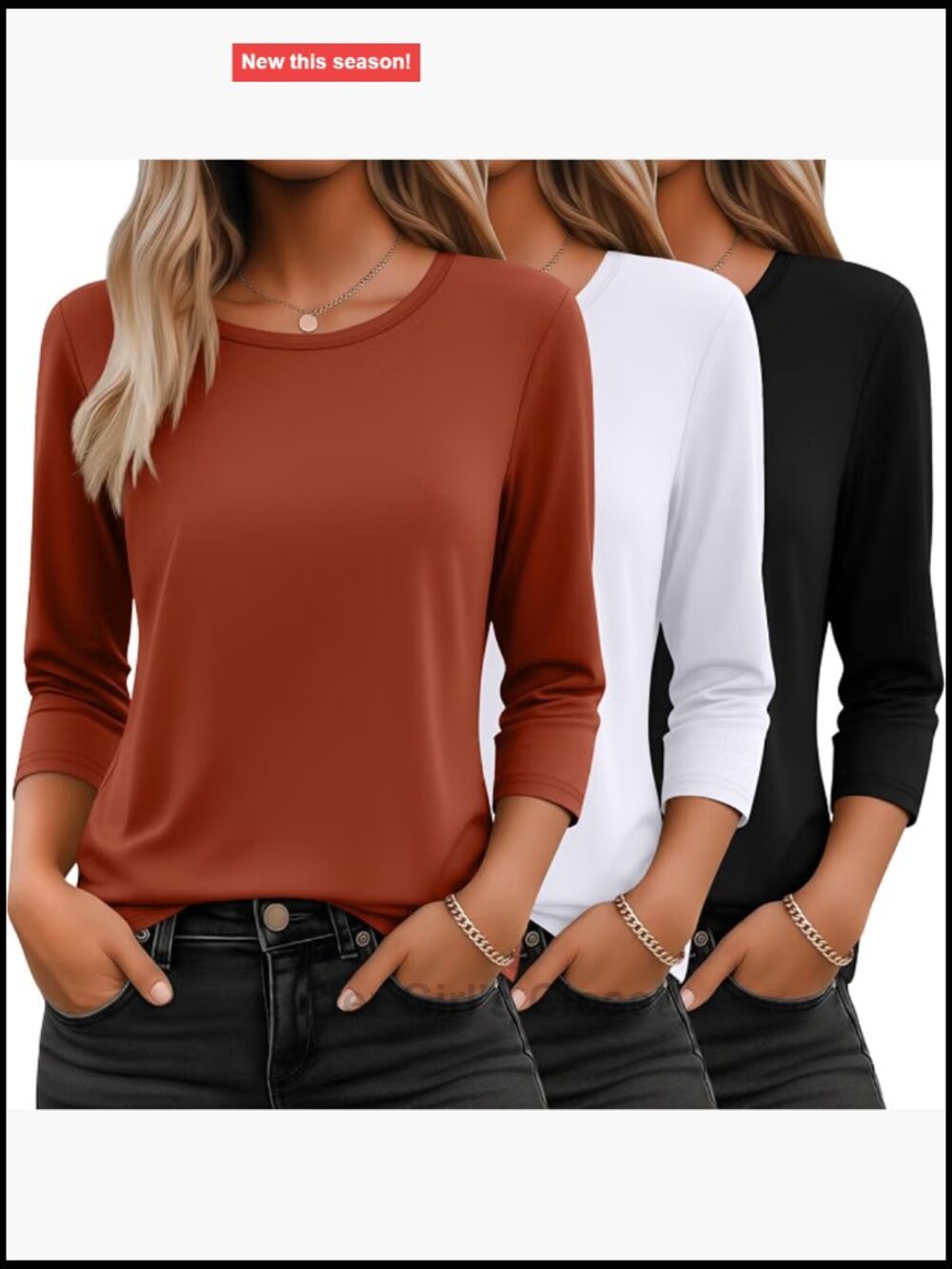 3 Pack Women's 3/4 Sleeve Tunic Tops Basic Crew Neck T-Shirts